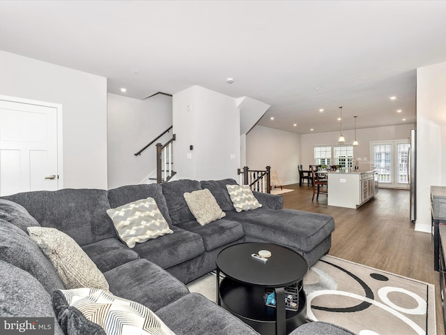 living room featuring dark hardwood / wood-style floors and sink