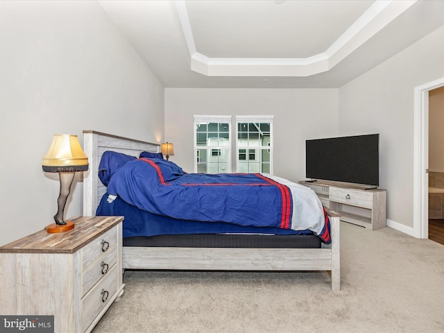 bedroom with light colored carpet and a raised ceiling