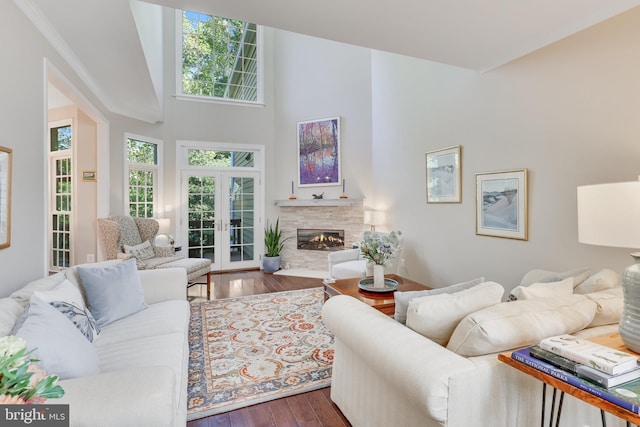 living room with a high ceiling, plenty of natural light, dark hardwood / wood-style floors, and french doors