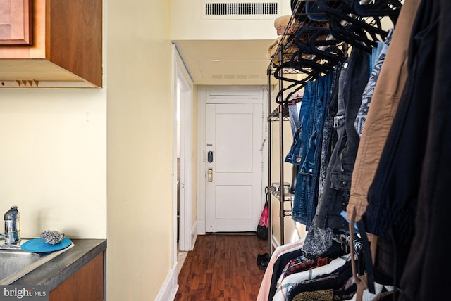 spacious closet featuring dark wood-type flooring