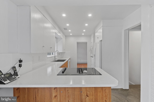 kitchen featuring white cabinetry, sink, kitchen peninsula, and black electric stovetop