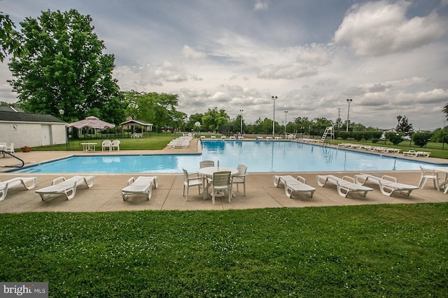 view of pool featuring a patio and a lawn