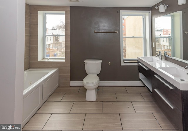 bathroom featuring vanity, a washtub, and toilet