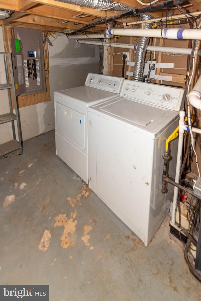 basement featuring washer and clothes dryer and electric panel