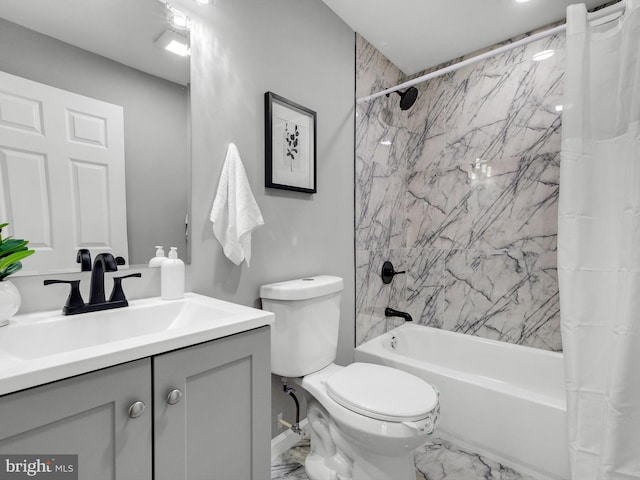 full bathroom featuring shower / bathtub combination with curtain, vanity, and toilet