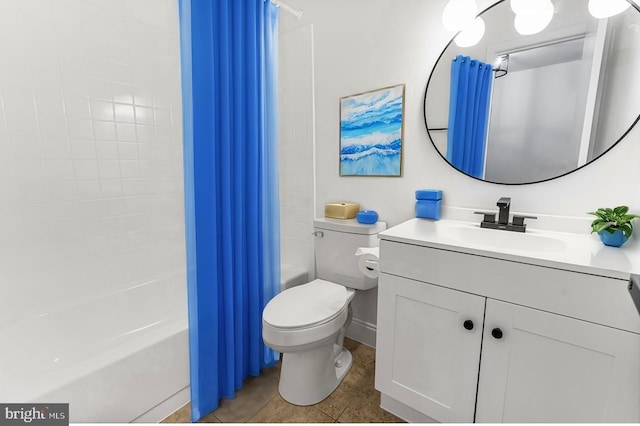 full bathroom featuring vanity, shower / bath combination with curtain, tile patterned floors, and toilet