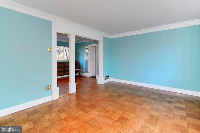 unfurnished room with decorative columns, crown molding, and parquet flooring