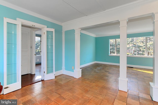 unfurnished room with ornate columns, ornamental molding, and parquet floors