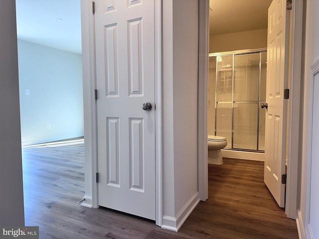 corridor featuring dark wood-type flooring