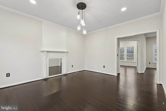 unfurnished living room featuring dark hardwood / wood-style flooring and crown molding