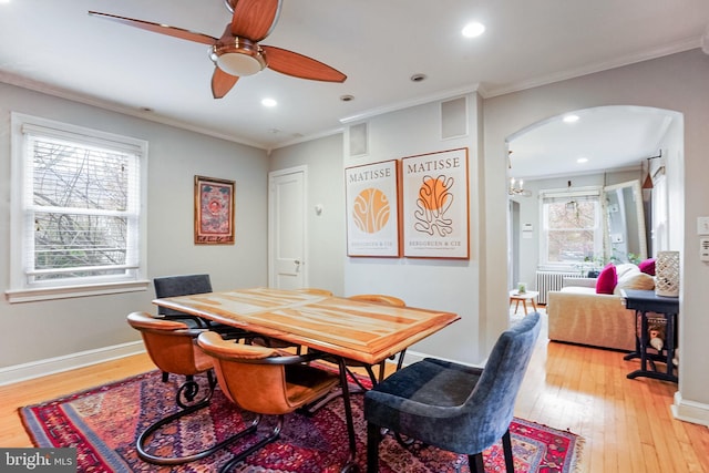 dining area with crown molding, light hardwood / wood-style flooring, and ceiling fan