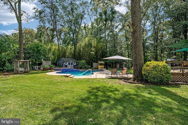 view of pool with an outbuilding, a patio, and a lawn