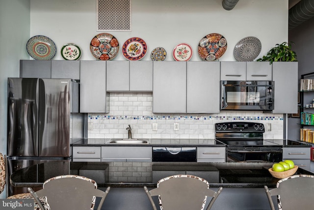 kitchen with white cabinets, sink, backsplash, and black appliances