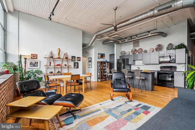 living room with light hardwood / wood-style flooring, track lighting, and a high ceiling