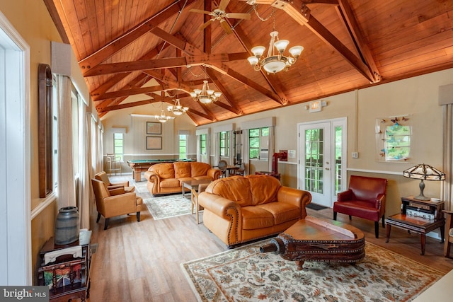 living area featuring wooden ceiling, a chandelier, wood finished floors, beam ceiling, and healthy amount of natural light