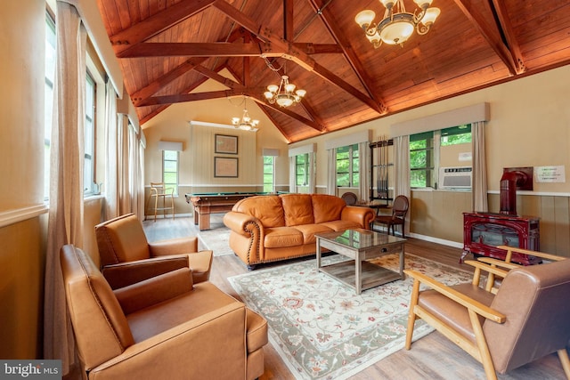 living area with a chandelier, wood ceiling, wood finished floors, a wood stove, and beam ceiling