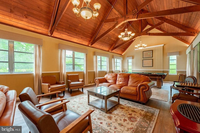 living area featuring a chandelier, pool table, hardwood / wood-style floors, and wood ceiling