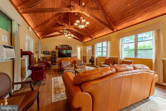 living room with a chandelier, wood finished floors, and wooden ceiling