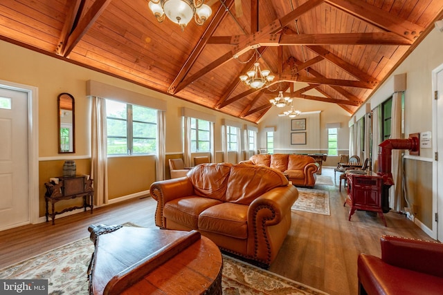 living room with a chandelier, wood finished floors, wooden ceiling, beam ceiling, and baseboards