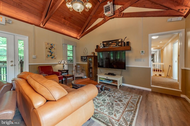 living area featuring wood ceiling, wood finished floors, wainscoting, a chandelier, and stairway