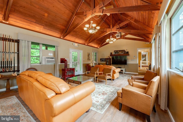 living area with a chandelier, wood finished floors, wooden ceiling, a wood stove, and baseboards