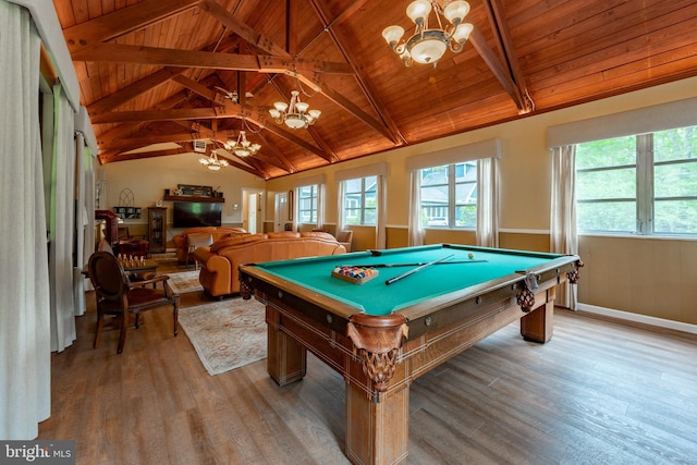 playroom featuring a chandelier, wooden ceiling, wood finished floors, and billiards