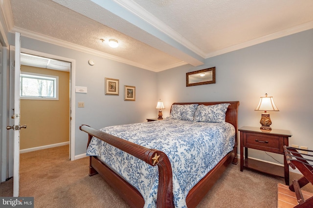 carpeted bedroom featuring crown molding, a textured ceiling, and baseboards