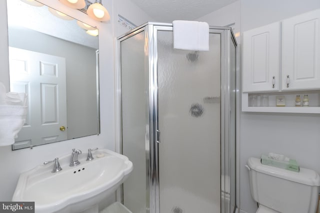 bathroom featuring a sink, a stall shower, and toilet
