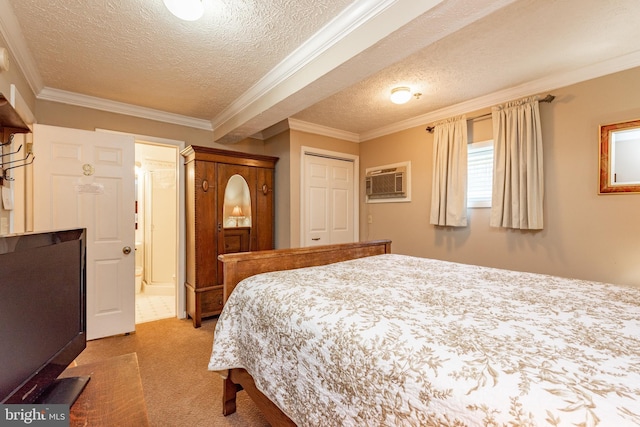 bedroom featuring a wall mounted air conditioner, light carpet, crown molding, and a textured ceiling