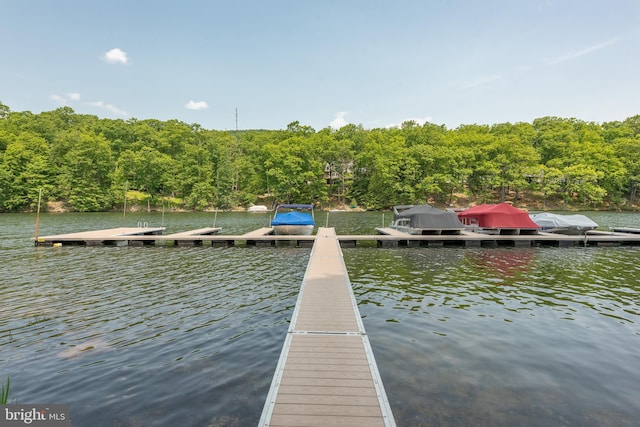 dock area featuring a water view and a wooded view