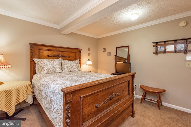 bedroom featuring light colored carpet, crown molding, a textured ceiling, and baseboards
