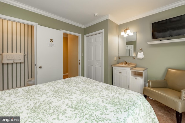 carpeted bedroom featuring a sink, crown molding, and a closet