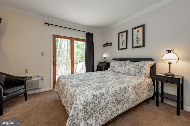 bedroom featuring carpet flooring, access to outside, ornamental molding, baseboards, and a wall unit AC