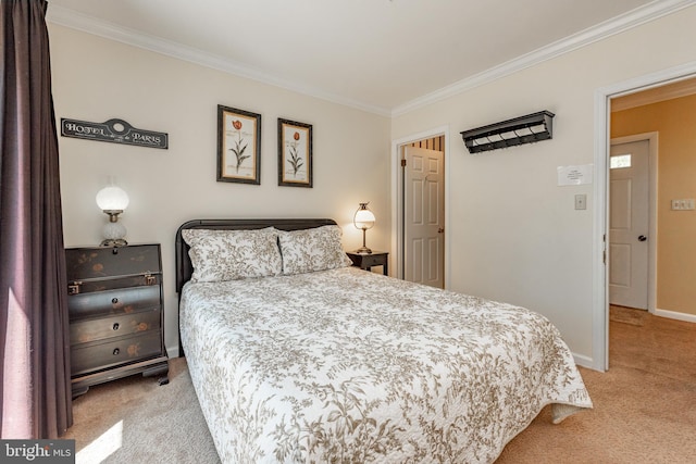 bedroom featuring light carpet, ornamental molding, and baseboards