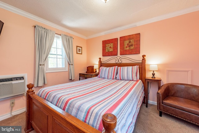 carpeted bedroom with crown molding, a wall unit AC, and baseboards