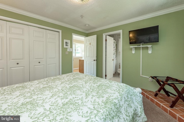 carpeted bedroom with crown molding, a closet, and connected bathroom