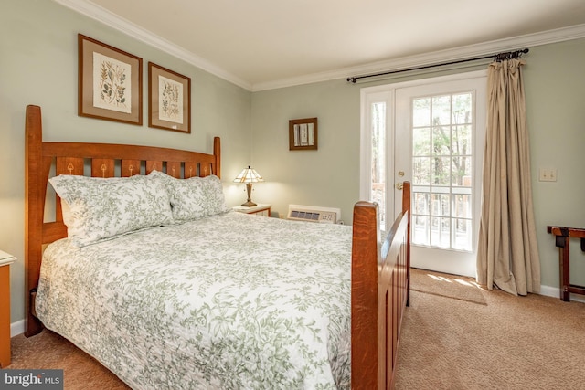 carpeted bedroom featuring crown molding, access to outside, and baseboards