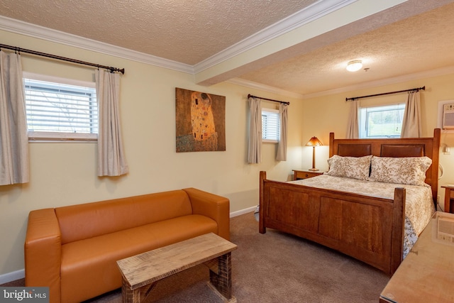 carpeted bedroom with a textured ceiling, baseboards, and ornamental molding