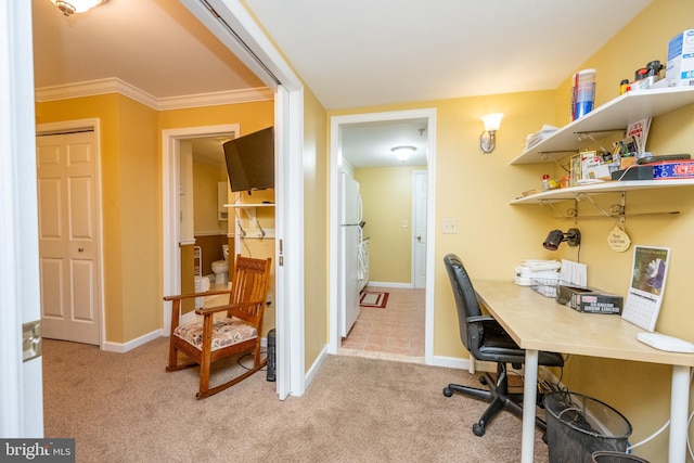 office featuring light carpet, crown molding, and baseboards
