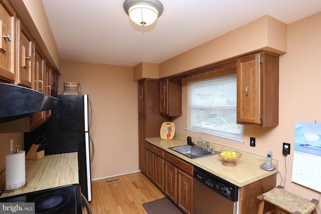 kitchen with sink, electric range oven, dishwasher, and light wood-type flooring