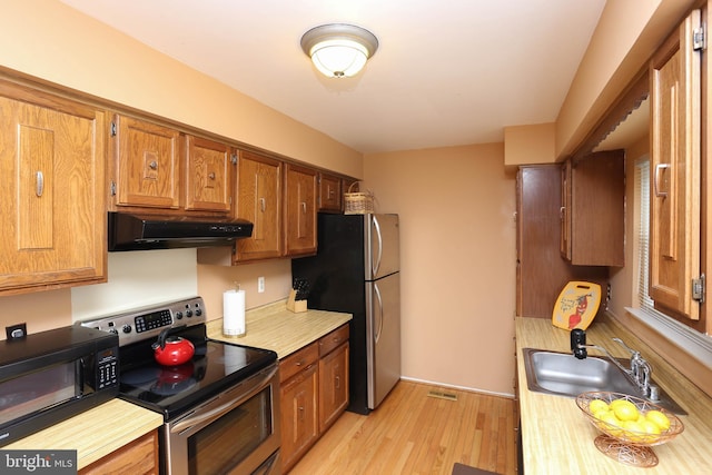 kitchen with sink, light hardwood / wood-style flooring, and stainless steel appliances