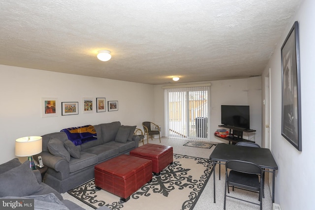 living room featuring carpet flooring and a textured ceiling