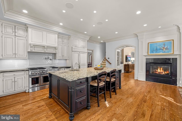 kitchen with white cabinetry, an island with sink, a breakfast bar area, double oven range, and light stone counters