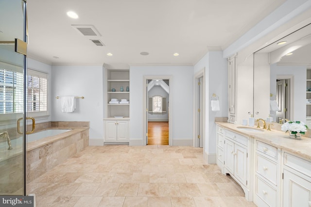 bathroom featuring crown molding, vanity, and plus walk in shower