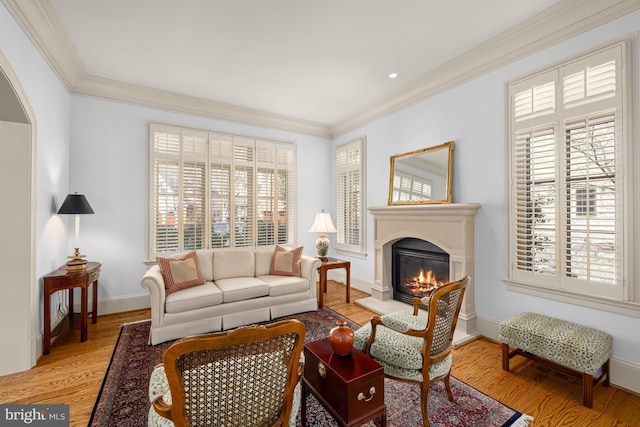 living room featuring ornamental molding and light wood-type flooring