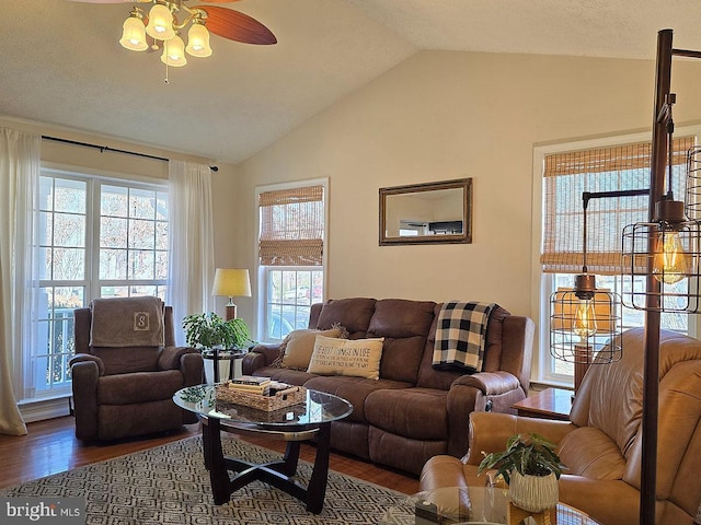 living room with vaulted ceiling, hardwood / wood-style floors, and ceiling fan