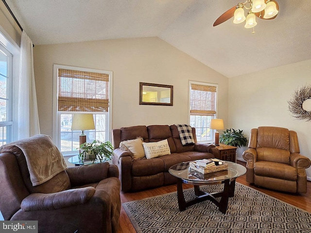 living room with ceiling fan, vaulted ceiling, and wood-type flooring