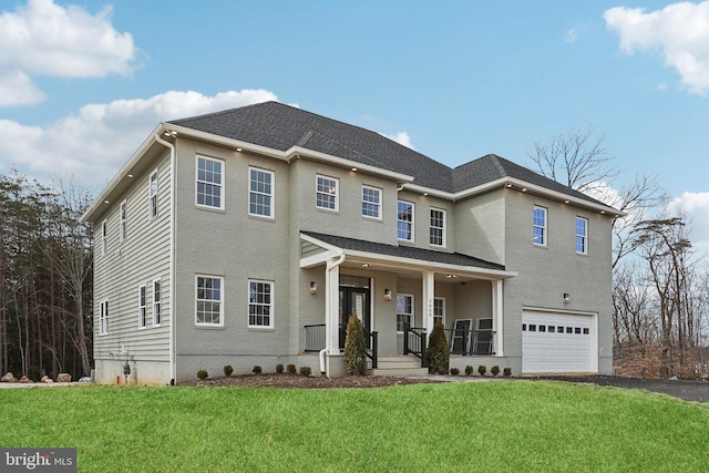 view of front facade with a front lawn, an attached garage, brick siding, and aphalt driveway