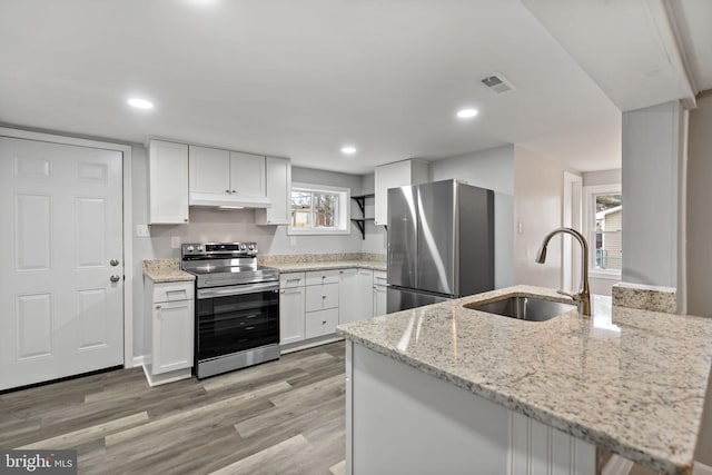 kitchen featuring white cabinetry, sink, stainless steel appliances, and kitchen peninsula