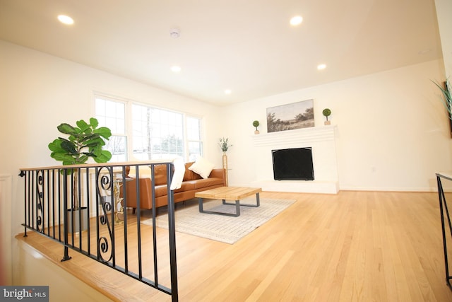 living room featuring hardwood / wood-style flooring and a fireplace